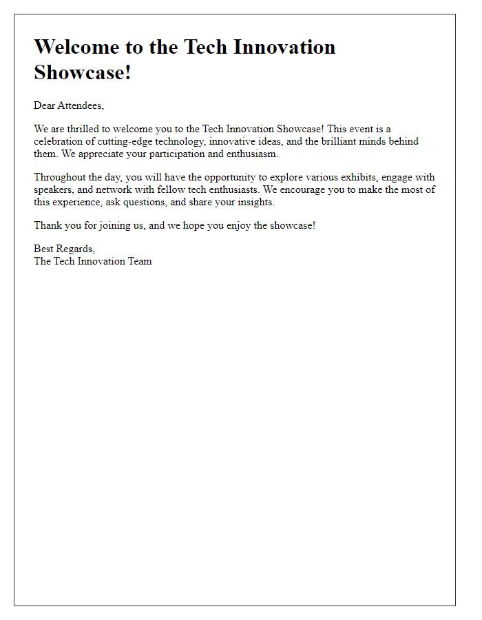 Letter template of Welcome Message for Tech Innovation Showcase Attendees