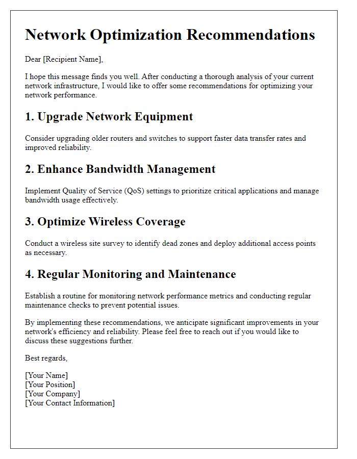 Letter template of network optimization recommendations