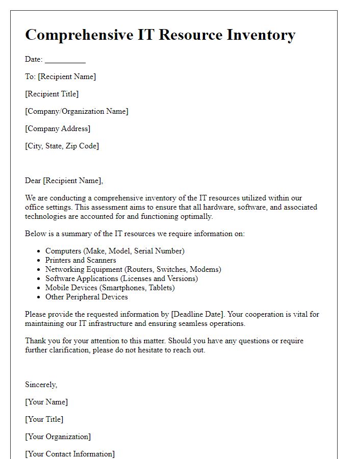 Letter template of Comprehensive IT Resource Inventory for Office Settings