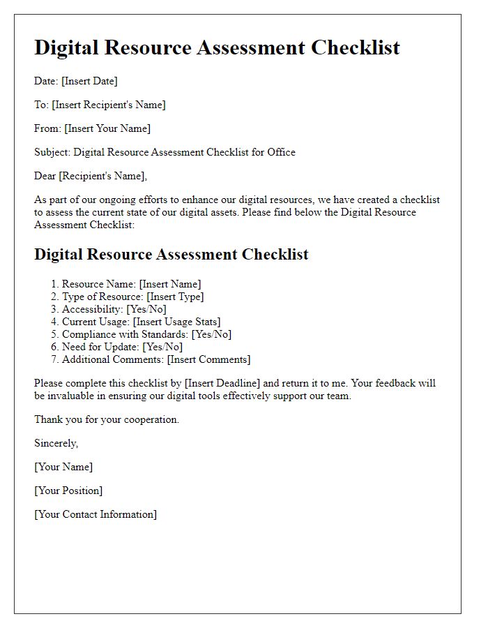 Letter template of Digital Resource Assessment Checklist for Office