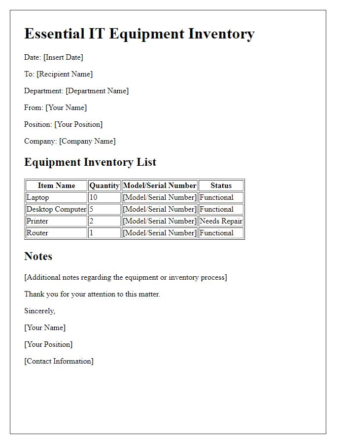 Letter template of Essential IT Equipment Inventory for the Workplace