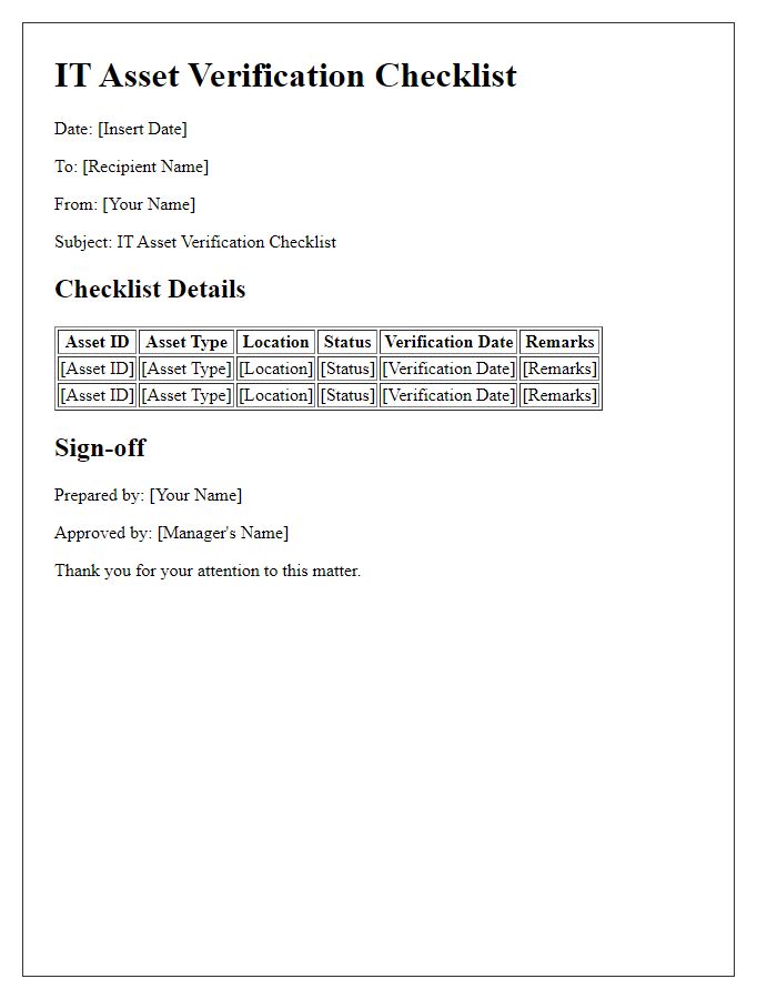 Letter template of IT Asset Verification Checklist for Business