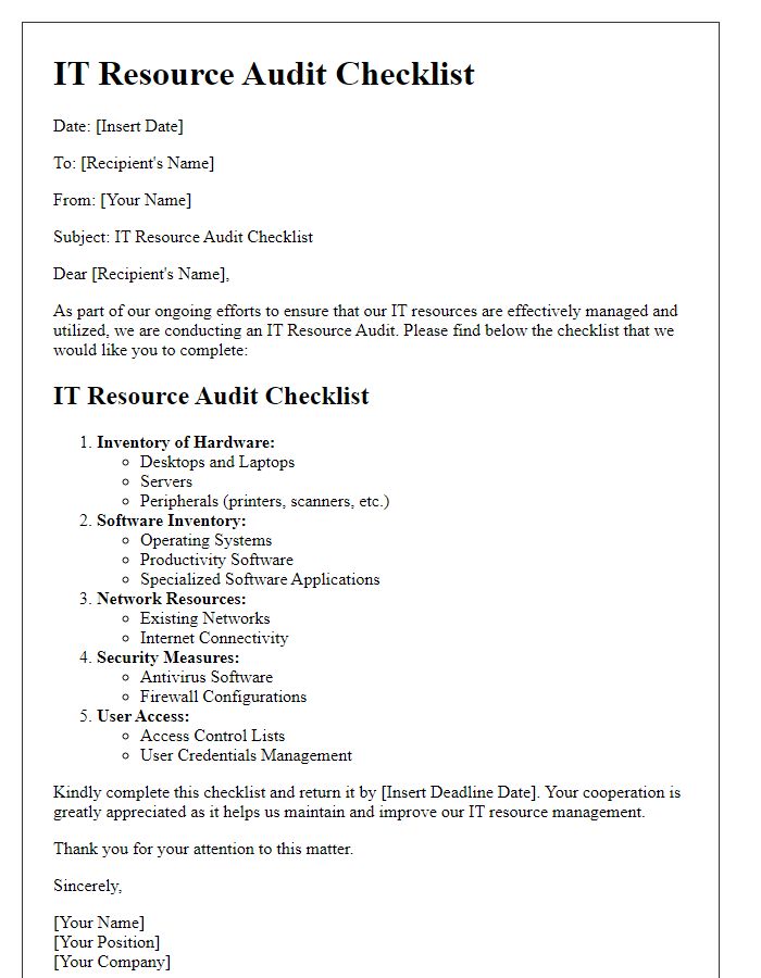 Letter template of IT Resource Audit Checklist for Office Use