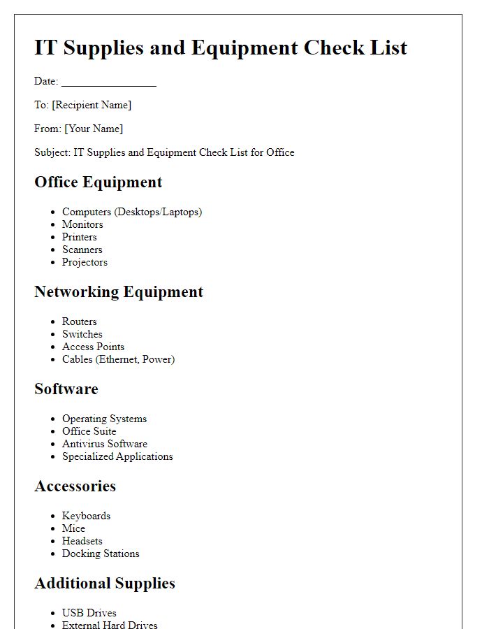 Letter template of IT Supplies and Equipment Check List for an Office