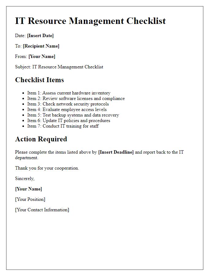 Letter template of Office IT Resource Management Checklist