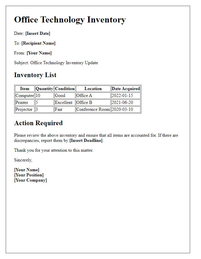 Letter template of Office Technology Inventory Template