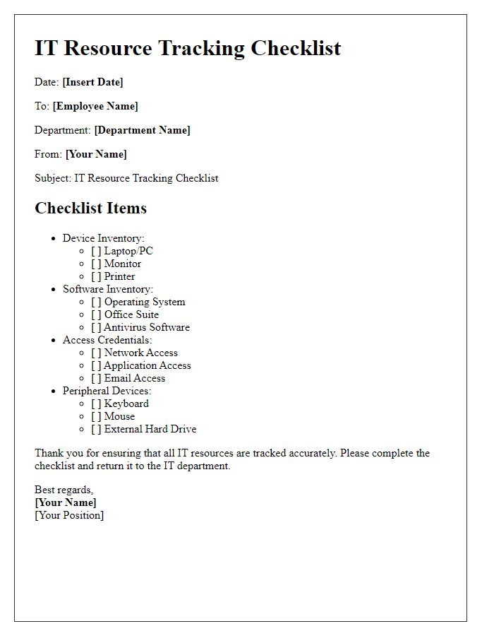 Letter template of Workplace IT Resource Tracking Checklist