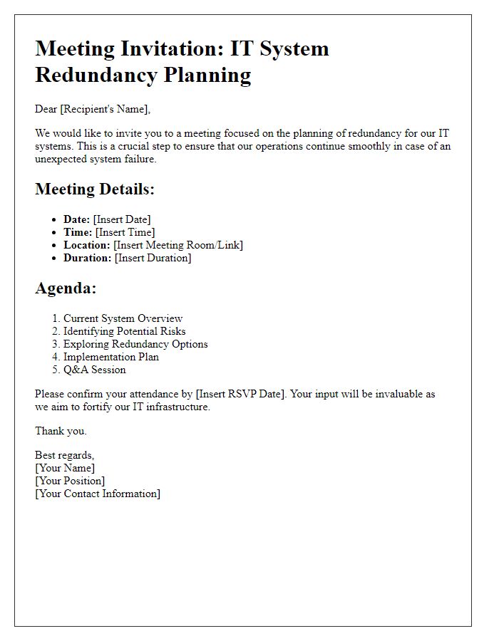 Letter template of IT system redundancy planning meeting