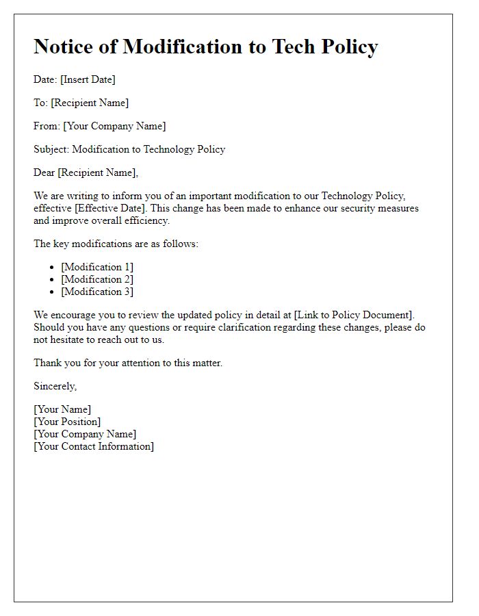 Letter template of tech policy modification notice