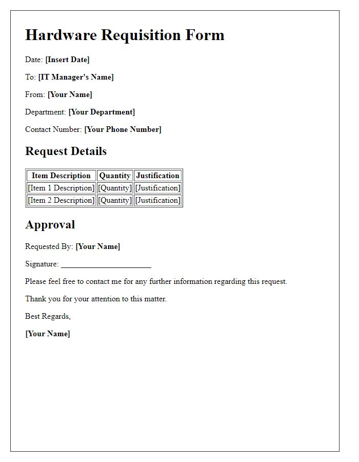 Letter template of hardware requisition form for IT peripherals