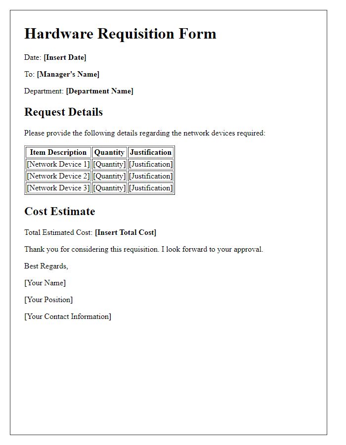 Letter template of hardware requisition form for network devices