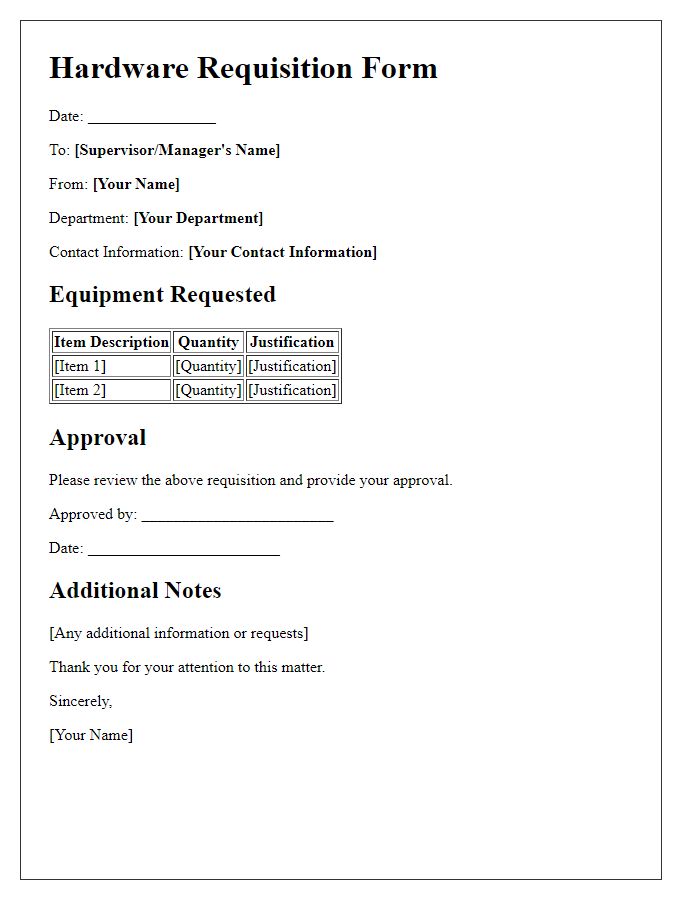 Letter template of hardware requisition form for office equipment