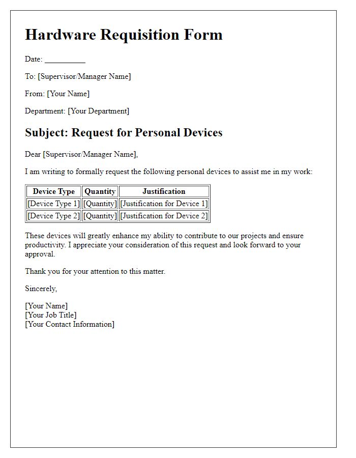 Letter template of hardware requisition form for personal devices