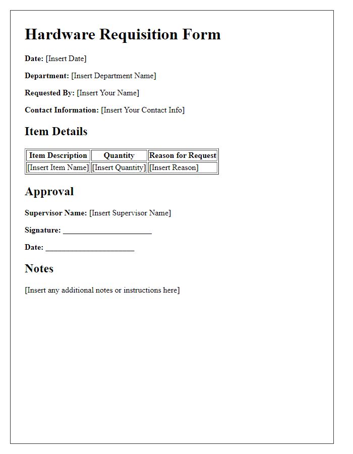 Letter template of hardware requisition form for safety equipment