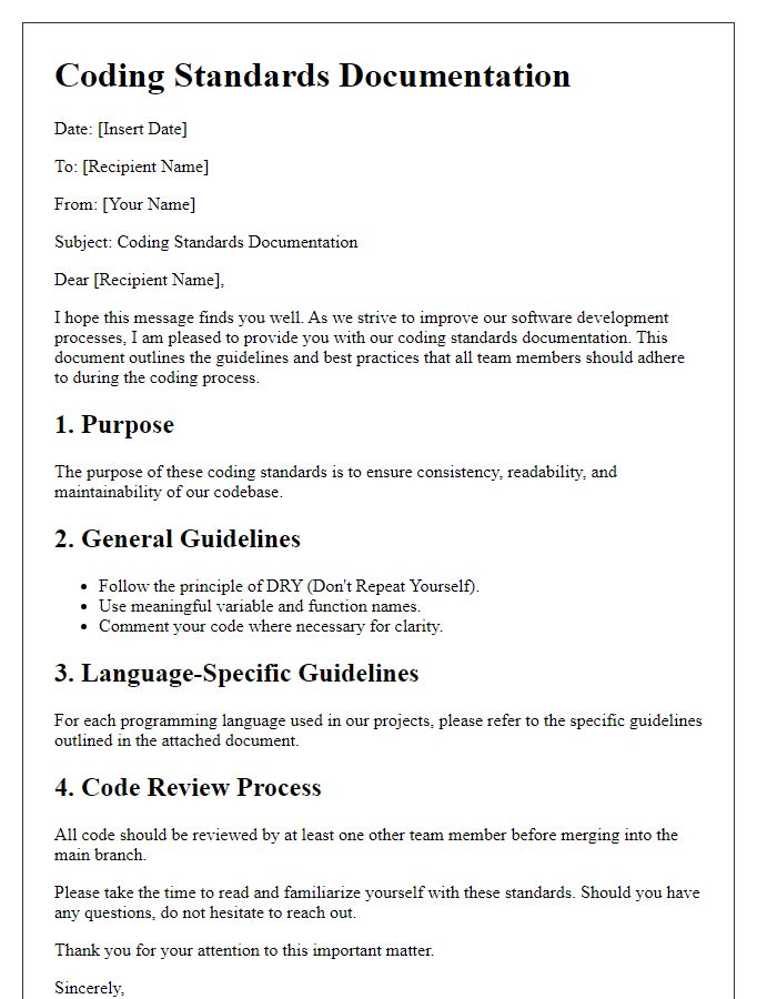 Letter template of coding standards documentation