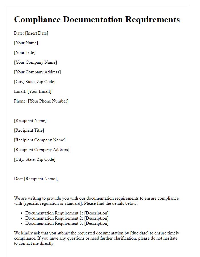 Letter template of compliance documentation requirements