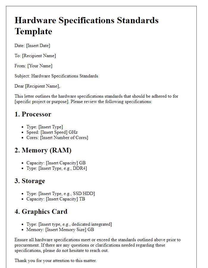 Letter template of hardware specifications standards