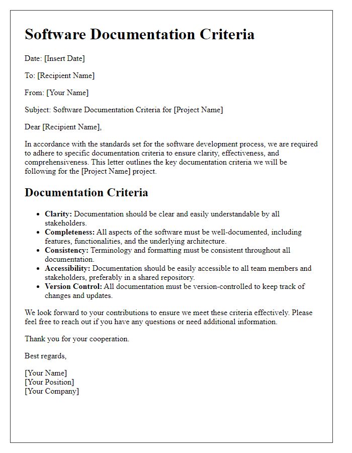 Letter template of software documentation criteria