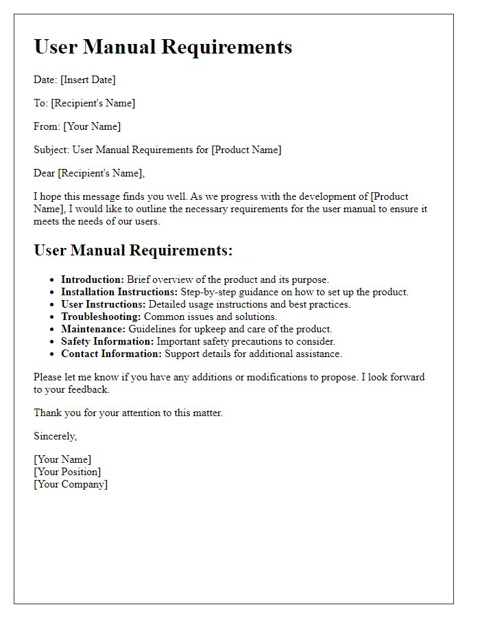 Letter template of user manual requirements