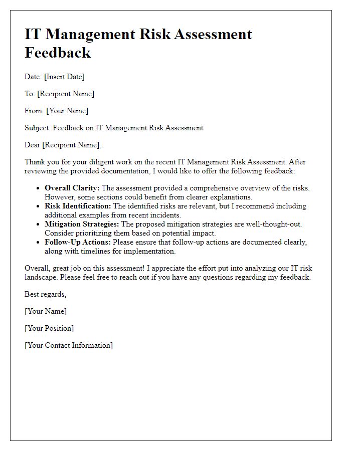 Letter template of IT management risk assessment feedback