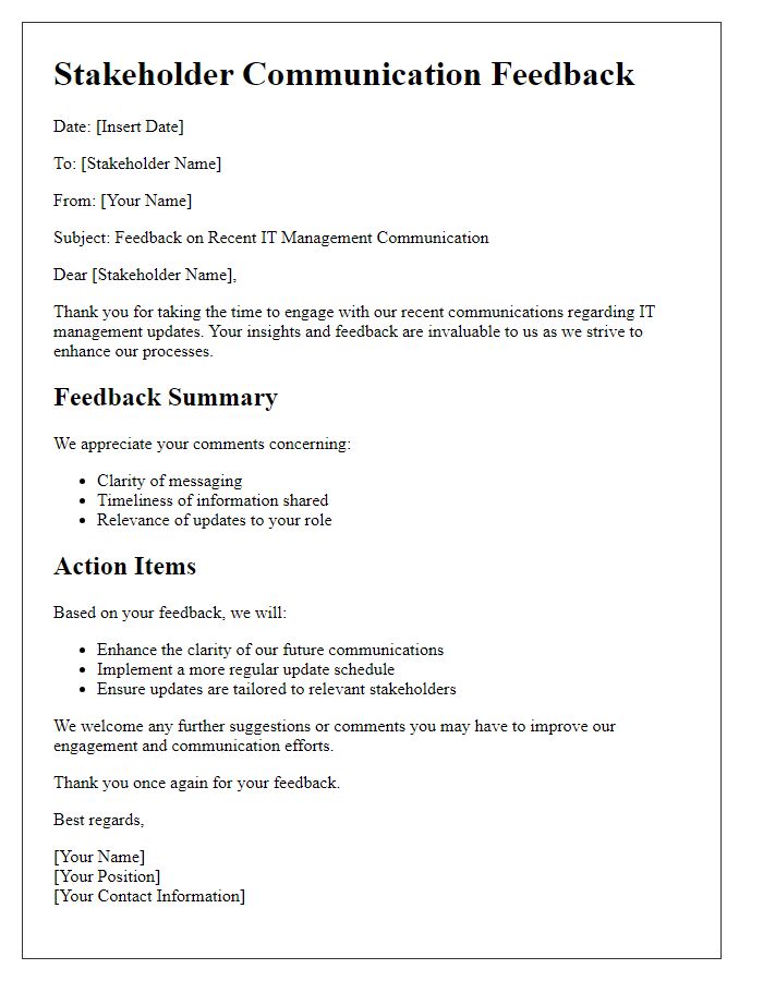 Letter template of IT management stakeholder communication feedback