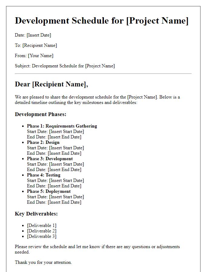 Letter template of development schedule for software projects