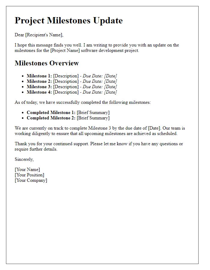 Letter template of project milestones for software development