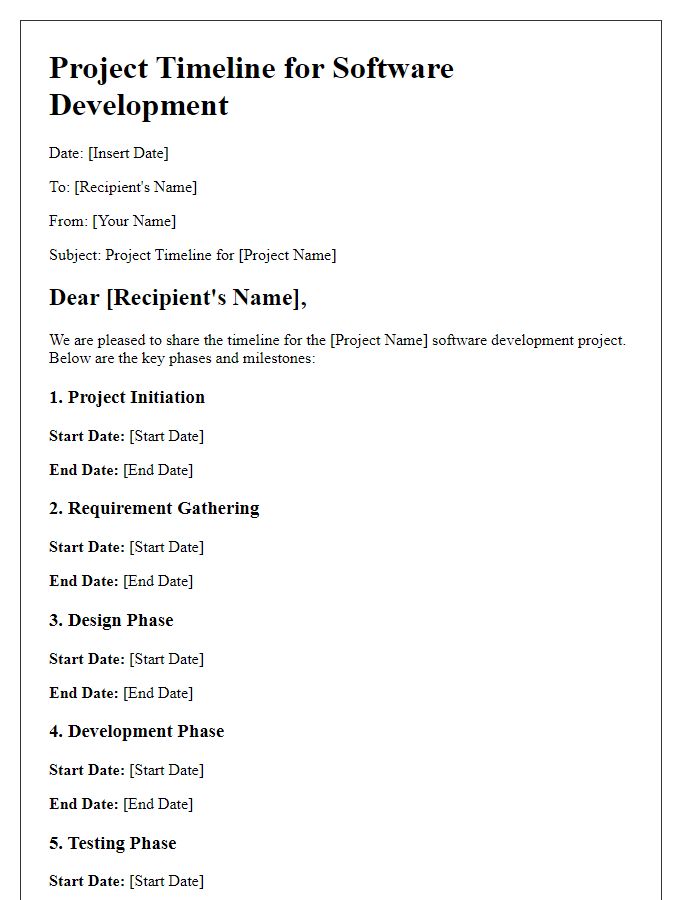 Letter template of project timeline for software development