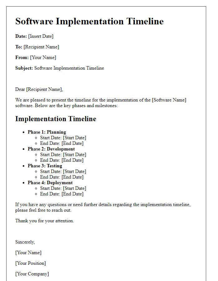 Letter template of software implementation timeline