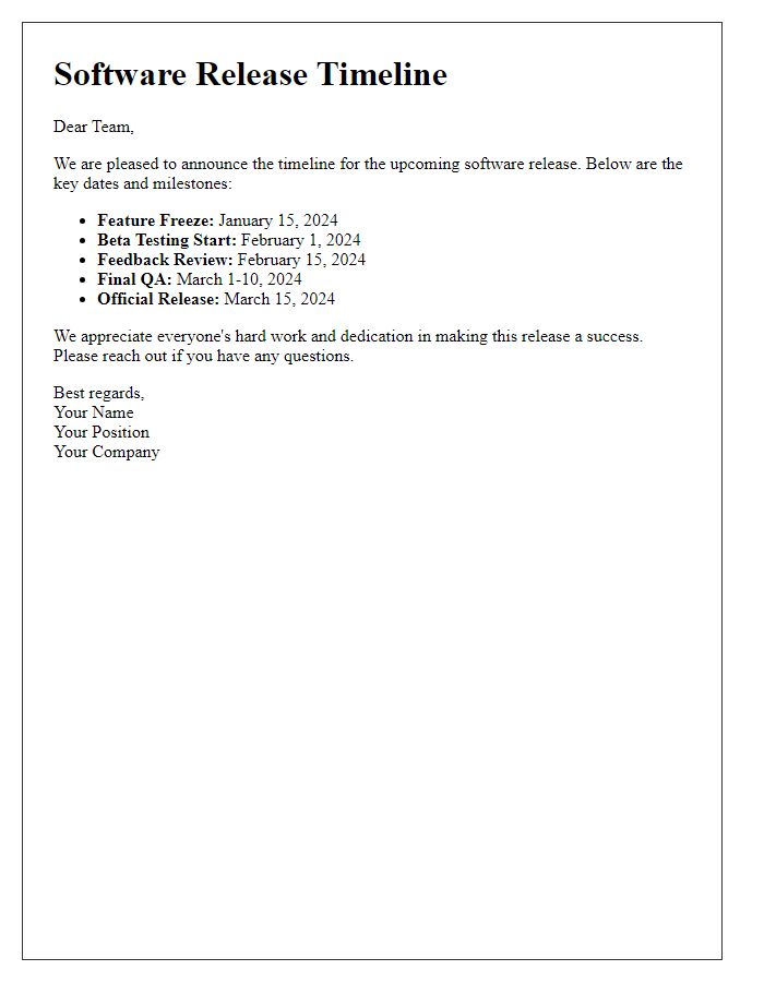 Letter template of software release timeline