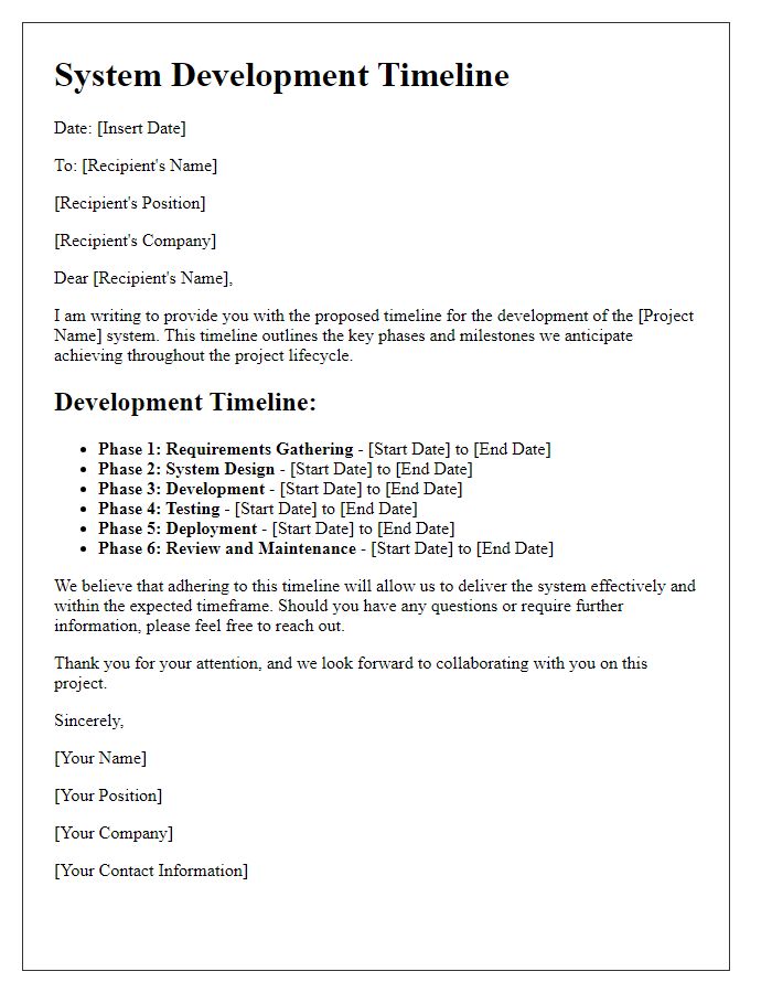 Letter template of system development timeline