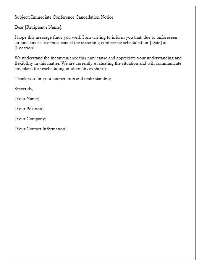 Letter template of immediate conference cancellation