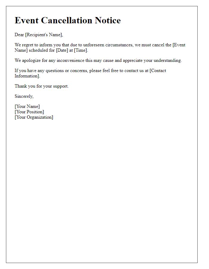 Letter template of short-notice event cancellation