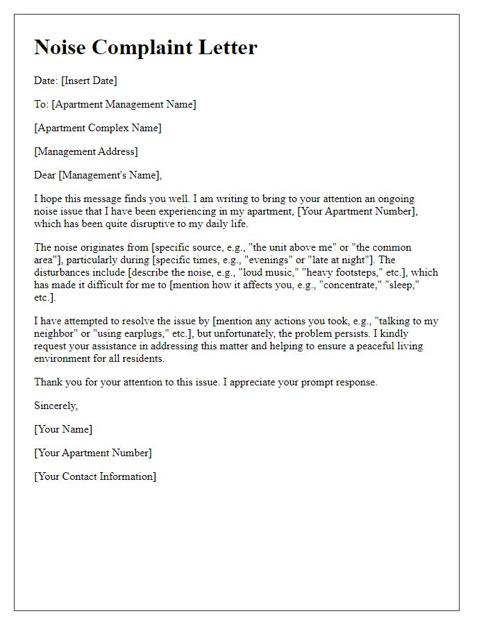 Letter template of apartment noise issue for management.