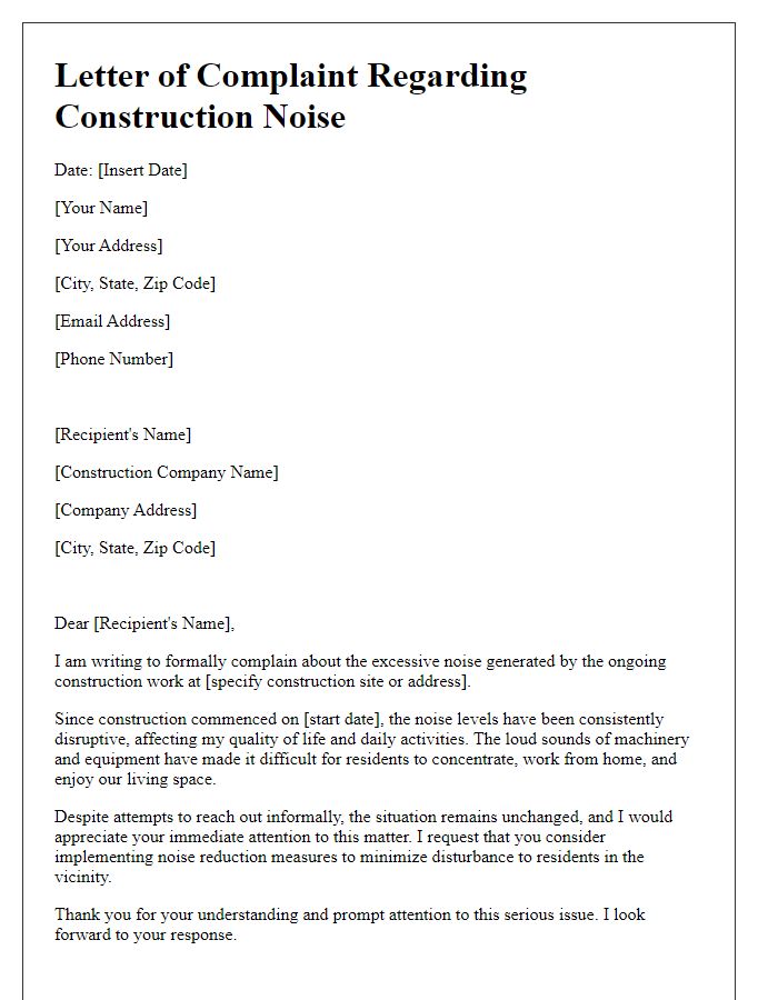 Letter template of complaint regarding construction noise in building.