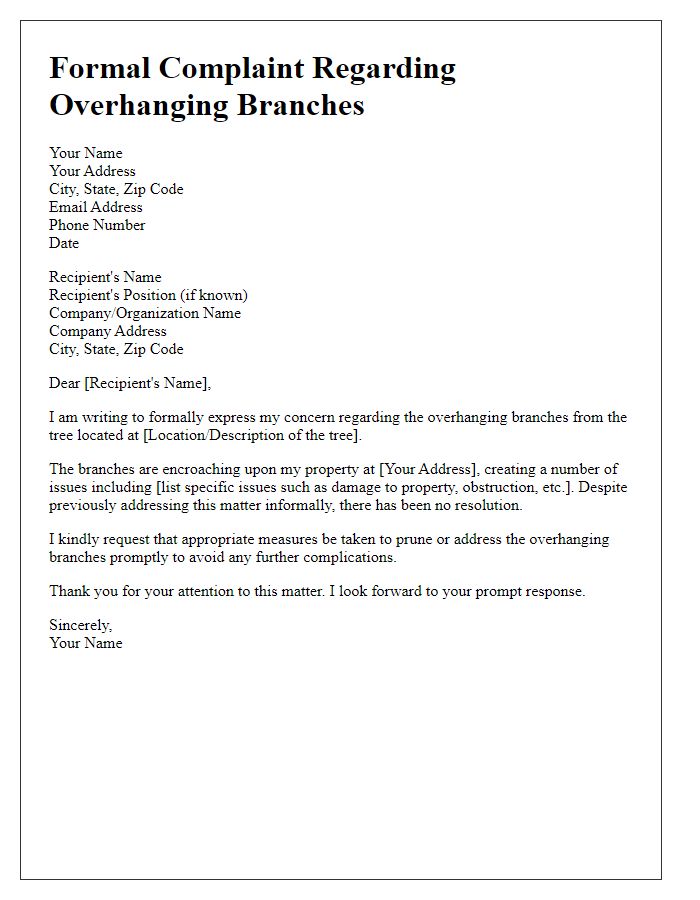 Letter template of a formal complaint regarding overhanging branches