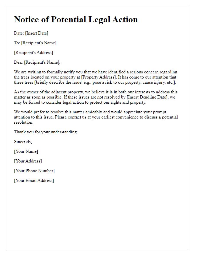 Letter template of notice for potential legal action regarding trees