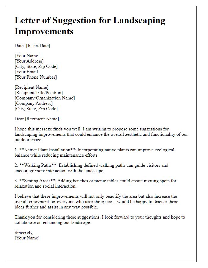 Letter template of suggestion for landscaping improvements