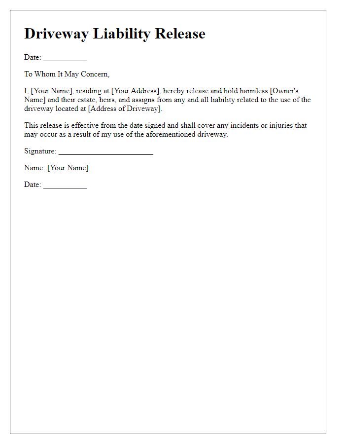 Letter template of driveway liability release