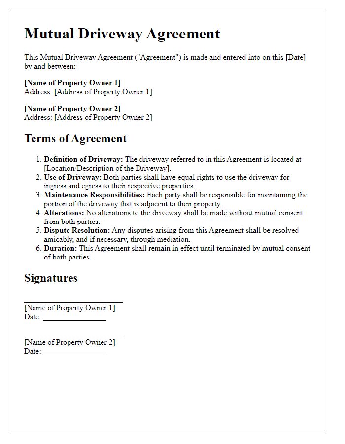 Letter template of mutual driveway agreement terms