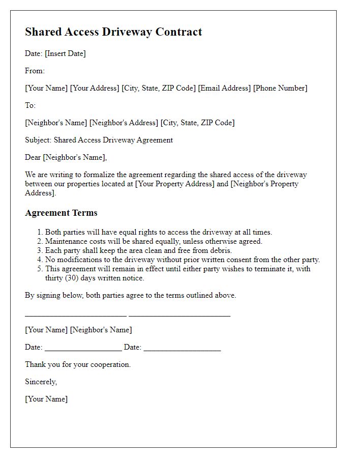 Letter template of shared access driveway contract