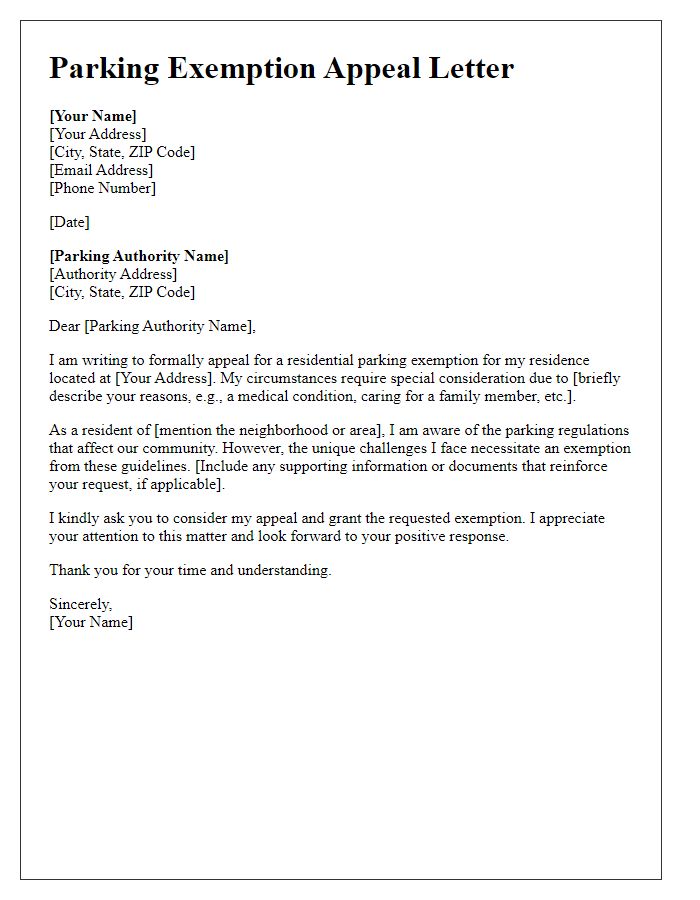 Letter template of appeal for residential parking exemptions