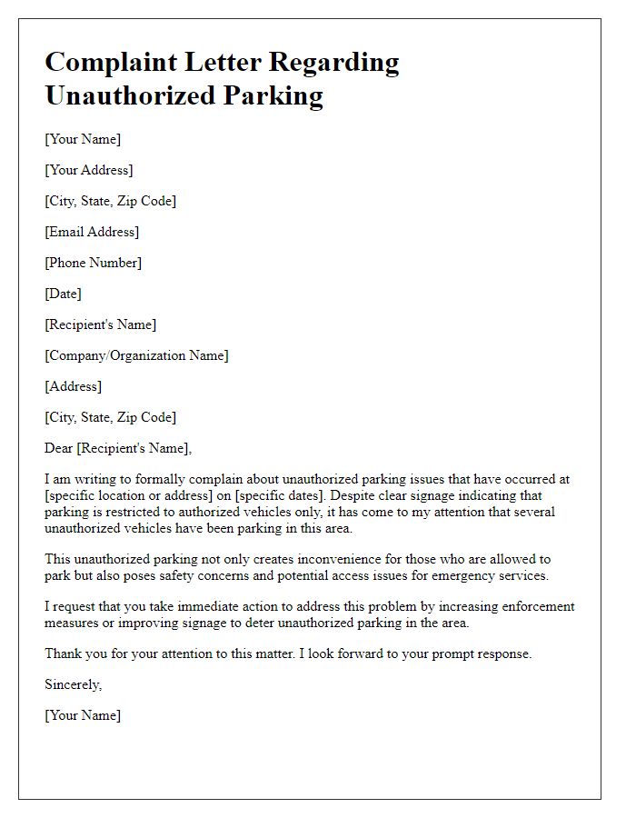 Letter template of complaint regarding unauthorized parking