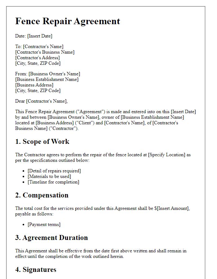 Letter template of fence repair agreement for commercial establishments