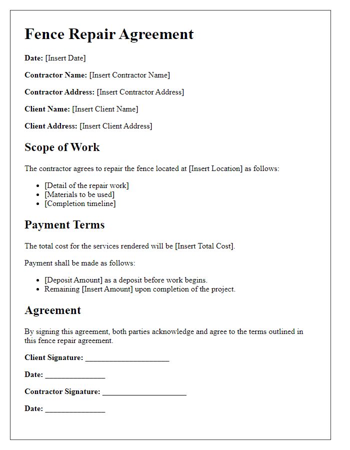 Letter template of fence repair agreement for contractor services