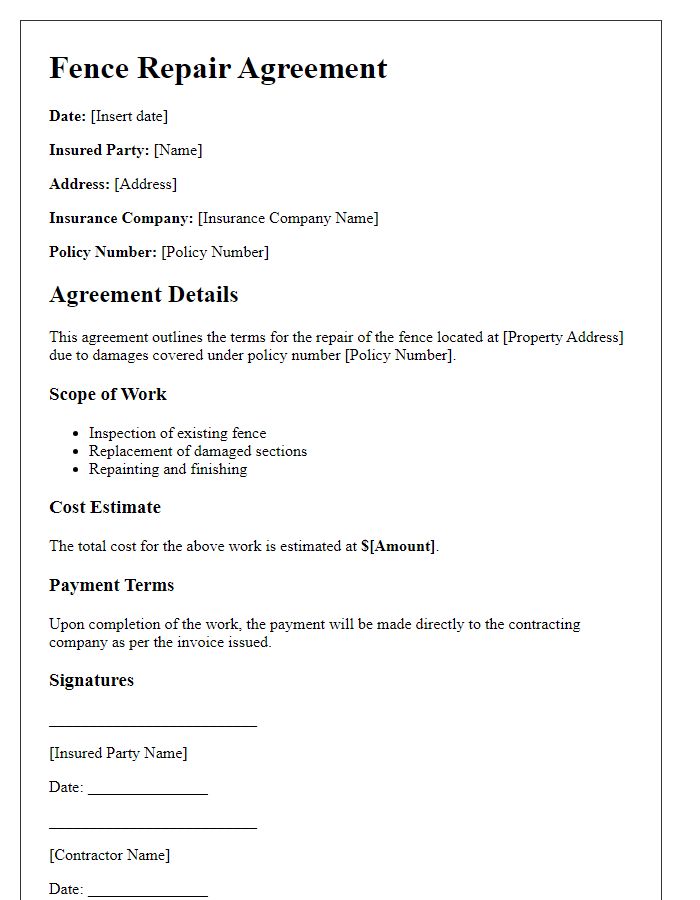 Letter template of fence repair agreement for insurance claims