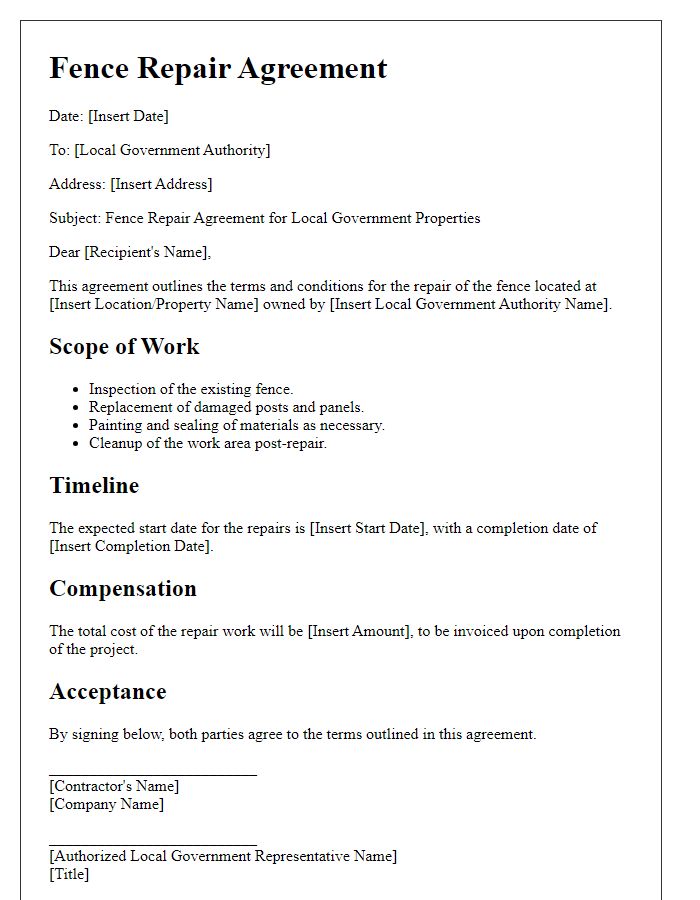 Letter template of fence repair agreement for local government properties