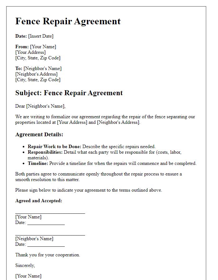 Letter template of fence repair agreement for neighbor disputes