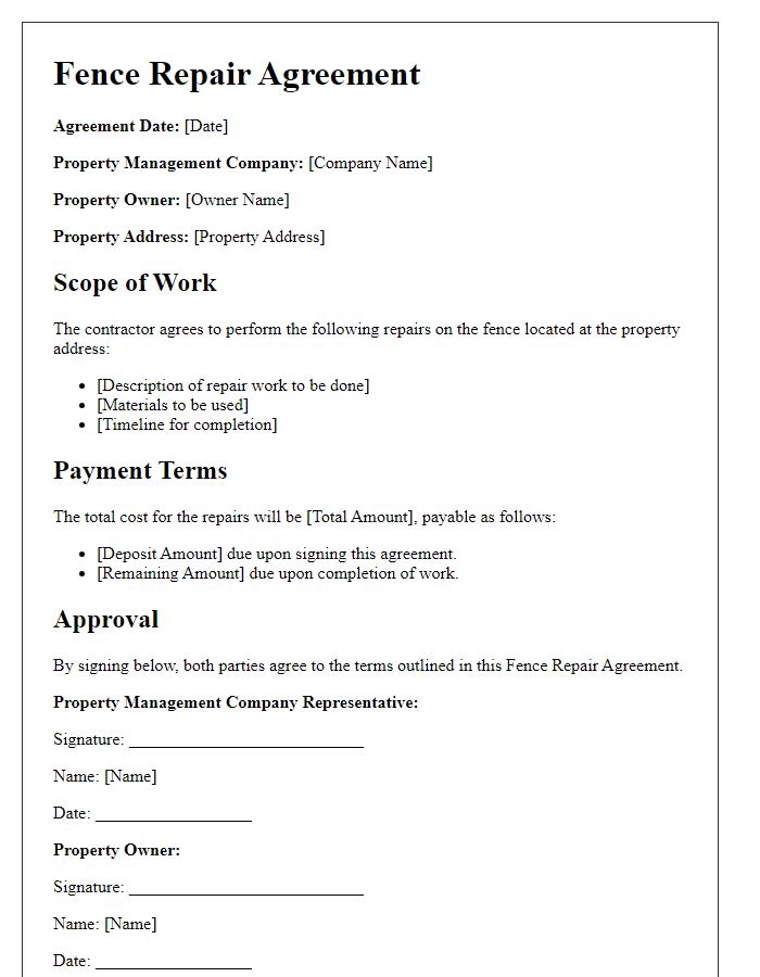 Letter template of fence repair agreement for property management companies