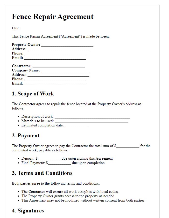 Letter template of fence repair agreement for residential properties